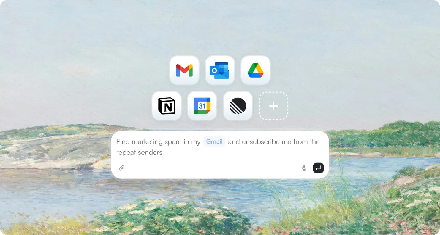 Apps & integrations feature screenshot - Instruct works where you already do; fetch context, trigger external events, all from one chat.
