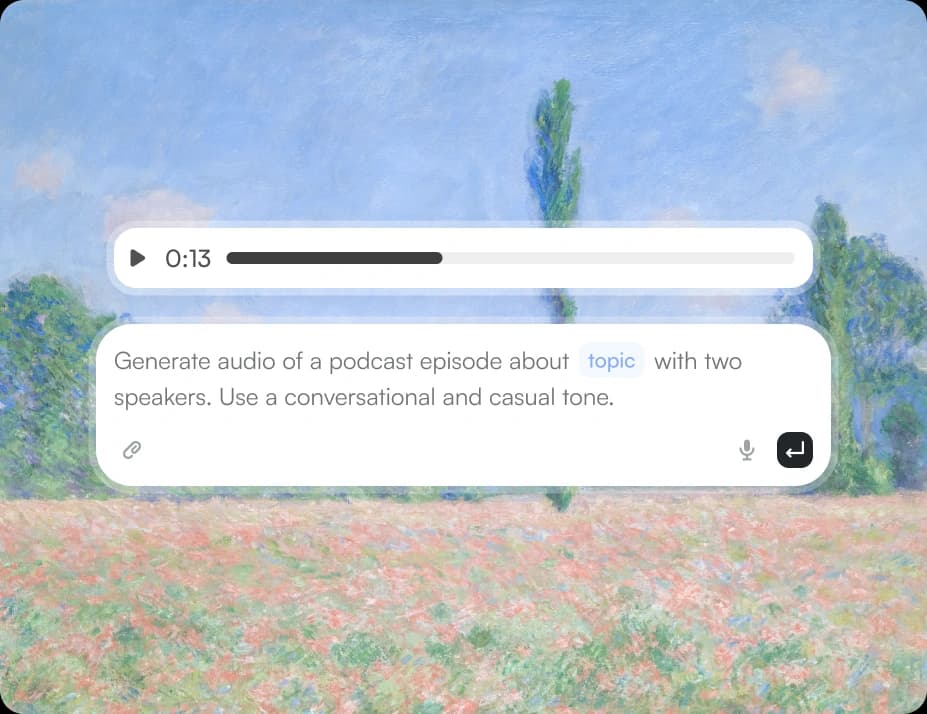 Audio generation feature screenshot - Generate voiceovers, podcasts, and dialogue with full control over voice, tone, and pacing.